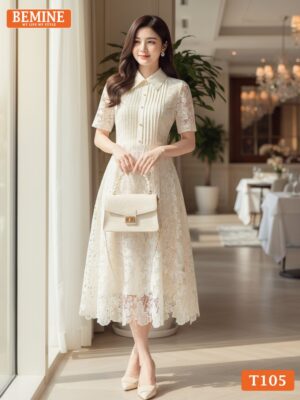 Đầm thiết kế cao cấp BEMINE cổ sơ mi xếp ly ngực dáng chữ A phù hợp đi chơi, đi tiệc-T105 hình ảnh