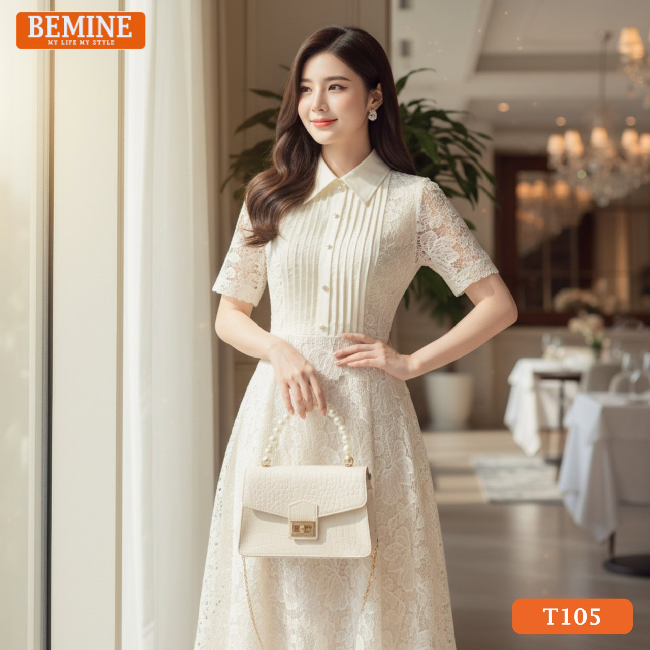 Đầm thiết kế BEMINE Cao Cấp Xếp Ly Đi Tiệc Sơ Mi T105 Ảnh cận cảnh chi tiết cổ sơ mi và các đường xếp ly trên chất liệu vải cao cấp của đầm BEMINE T105.