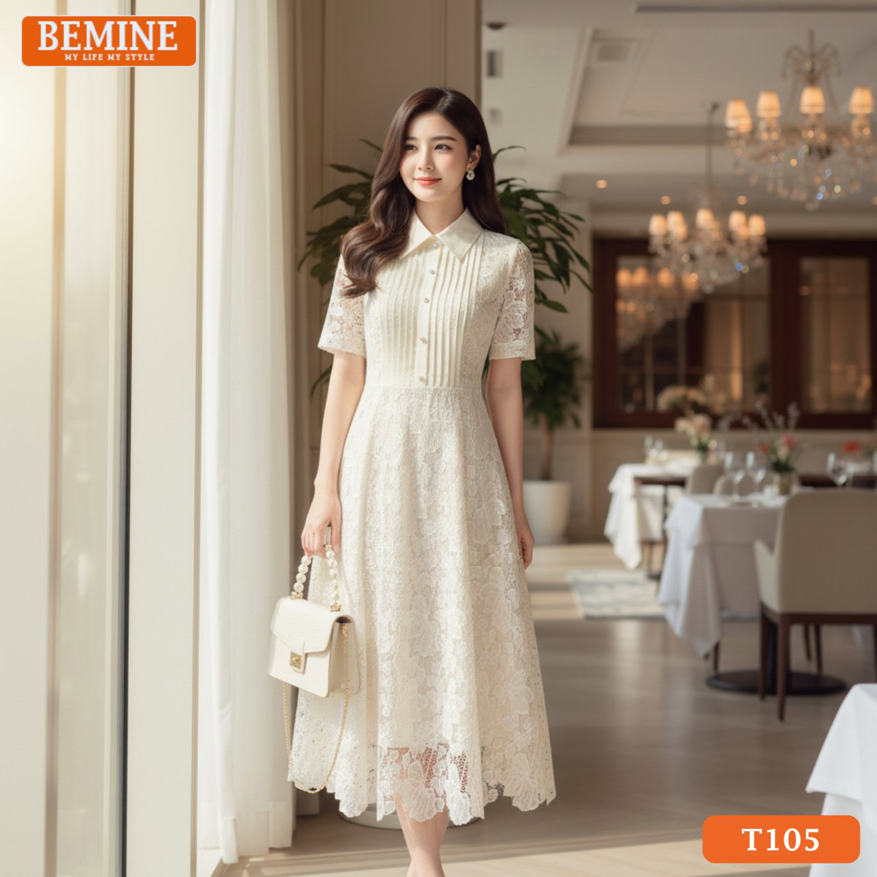 Đầm thiết kế BEMINE Cao Cấp Xếp Ly Đi Tiệc Sơ Mi T105 Người mẫu mặc đầm thiết kế BEMINE T105 xếp ly, cổ sơ mi, phong cách sang trọng, tinh tế.