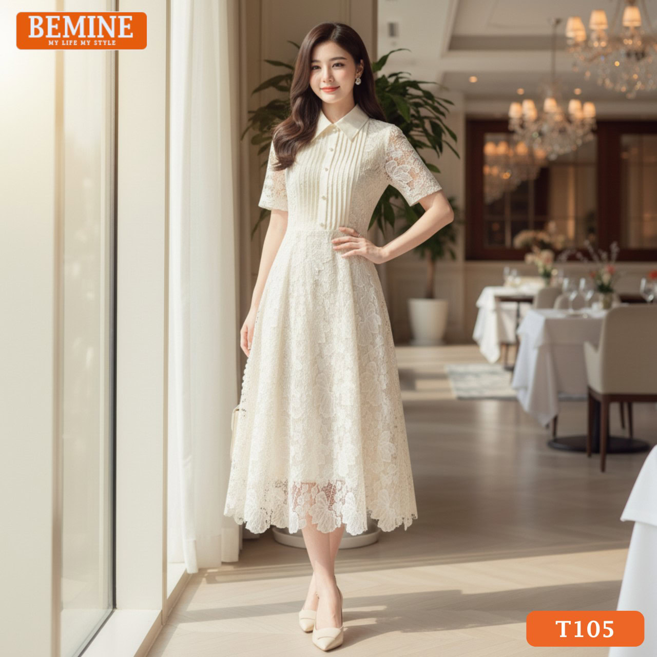 Đầm thiết kế BEMINE Cao Cấp Xếp Ly Đi Tiệc Sơ Mi T105 Đầm BEMINE T105 cao cấp, cổ sơ mi, tùng xếp ly, dáng xòe, lý tưởng cho sự kiện trang trọng.
