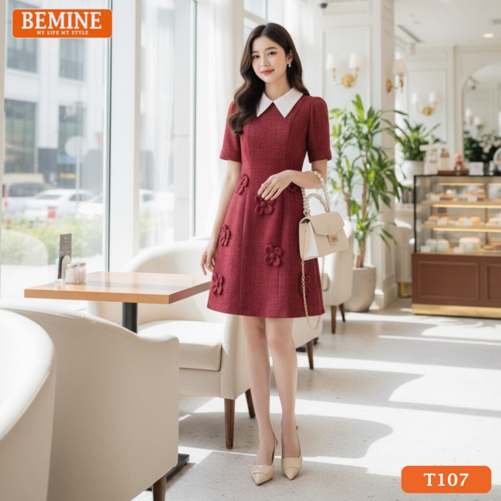 Chia Sẻ Cách Chọn Đầm Hoa Trung Niên Trẻ Trung Cho Các Chị Em Đầm thiết kế BEMINE Dáng Chữ A Đi Tiệc Cổ Đức Đính Hoa T107