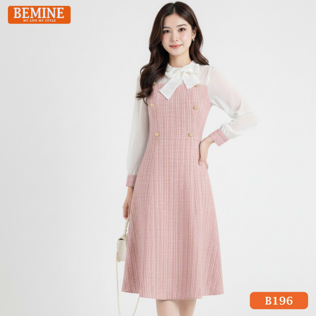 Đầm thiết kế BEMINE B196 màu hồng, chất liệu vải đứng form kết hợp tay dài xuyên thấu nhẹ nhàng.