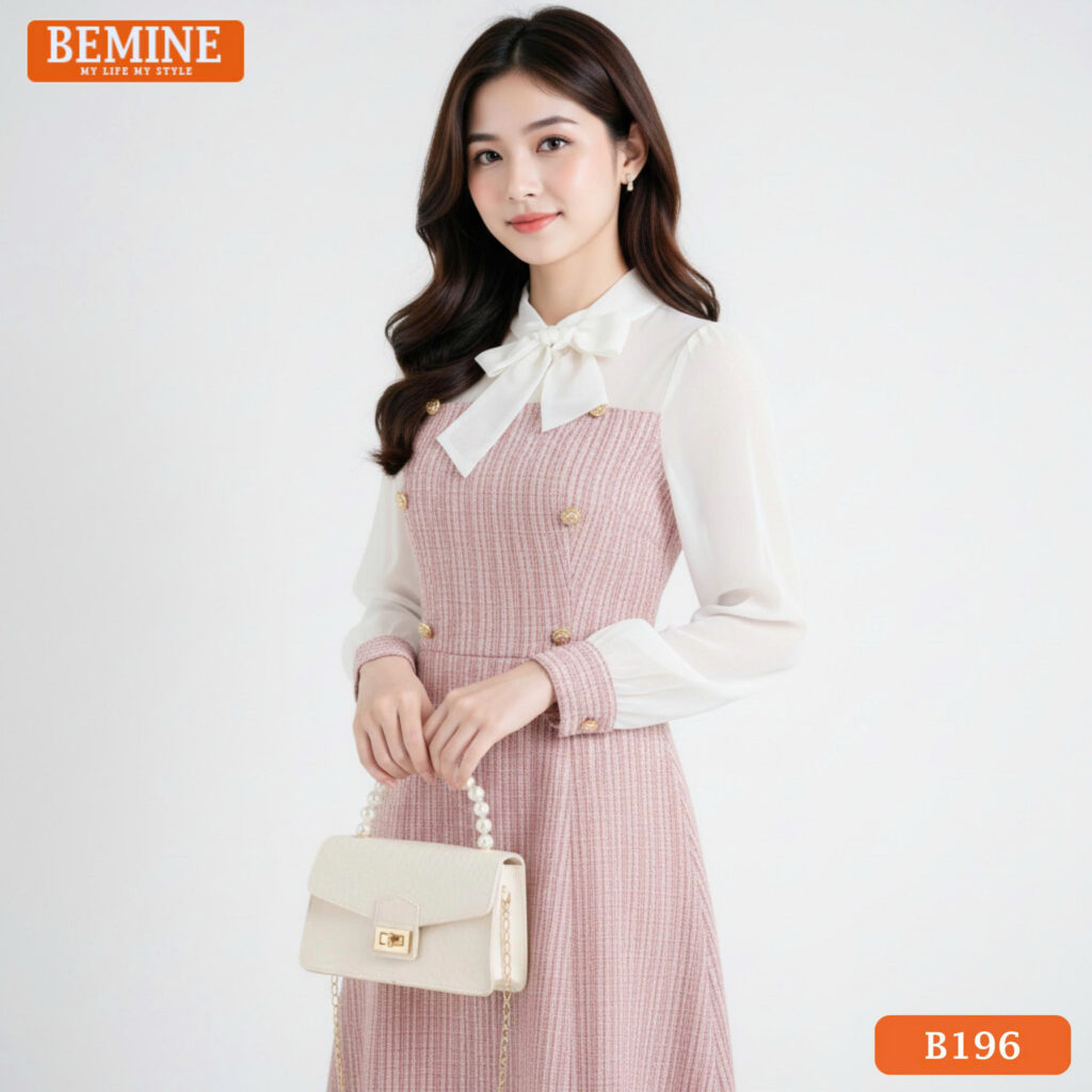 Mẫu đầm công sở BEMINE B196 màu hồng phấn dịu dàng, thiết kế phối tay tơ bay bổng.