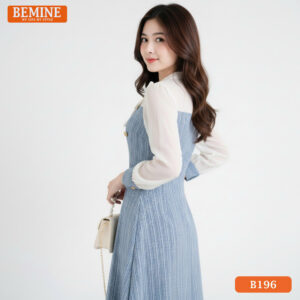 Ảnh cận cảnh chi tiết phối tơ cao cấp ở phần tay áo và cổ tròn của đầm thiết kế BEMINE B196.