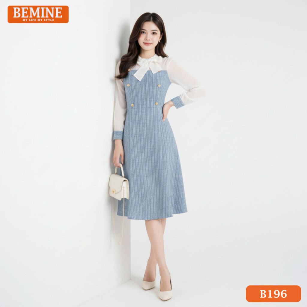 Đầm thiết kế BEMINE B196 màu xanh, chất liệu vải đứng form kết hợp tay tơ bay bổng duyên dáng.