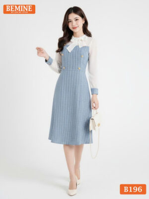 Mẫu đầm công sở BEMINE B196 phối tay tơ mềm mại, thiết kế tay dài trang nhã phù hợp đi làm.