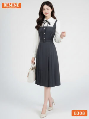 Đầm thiết kế BEMINE cổ đức phối dây nơ tay dài dáng chữ A phù hợp đi làm-B308