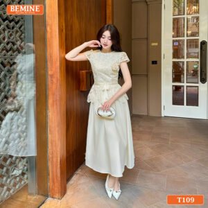 Mẫu đầm phối ren hoa giả BEMINE T109 dáng dài thanh lịch.