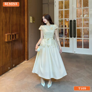Người mẫu diện đầm BEMINE T109 thiết kế giả set hiện đại.