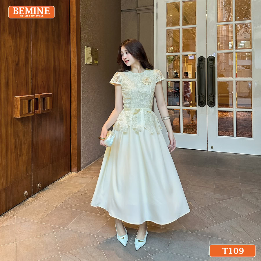 Người mẫu diện đầm BEMINE T109 thiết kế giả set hiện đại.