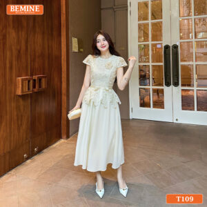 Chi tiết ren hoa tinh tế trên mẫu đầm thiết kế BEMINE T109.