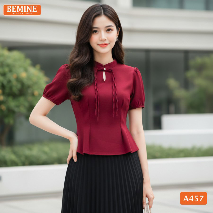 Chân váy chữ A BEMINE phối cùng áo sơ mi lụa. Tạo sự cân đối hoàn hảo cho người vai ngang.