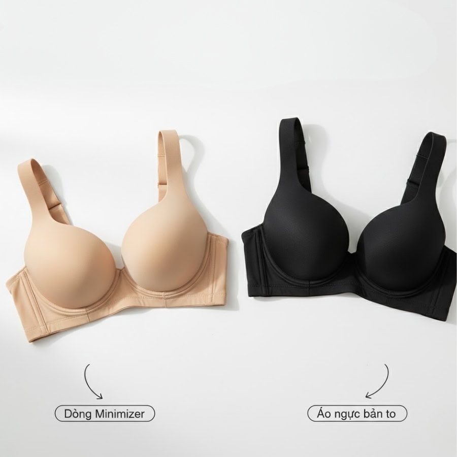 áo ngực bản to với gọng cứng, dây đeo vai rộng, và cúp ngực liền mạch