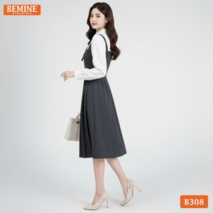 Chi tiết đường may tỉ mỉ và độ hoàn thiện cao cấp trên mẫu đầm công sở BEMINE mã B308.