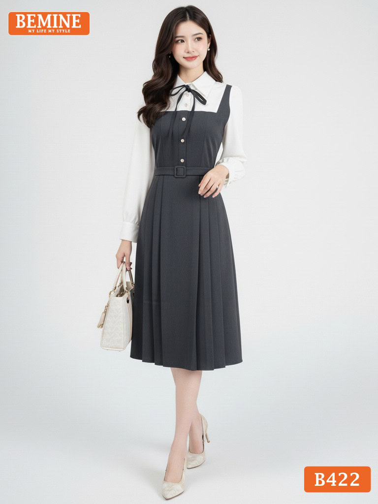Đầm thiết kế BEMINE B308 dáng chữ A tay dài, mang phong cách công sở thanh lịch và chỉn chu.