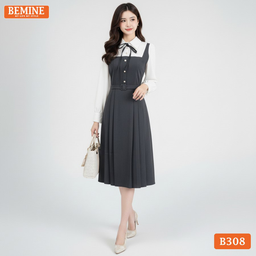 Đầm thiết kế BEMINE B308 dáng chữ A tay dài thanh lịch, phù hợp cho môi trường công sở chuyên nghiệp.