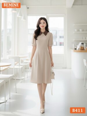 Đầm thiết kế BEMINE B411 dáng chữ A công sở với điểm nhấn cổ phối họa tiết độc đáo và sang trọng.