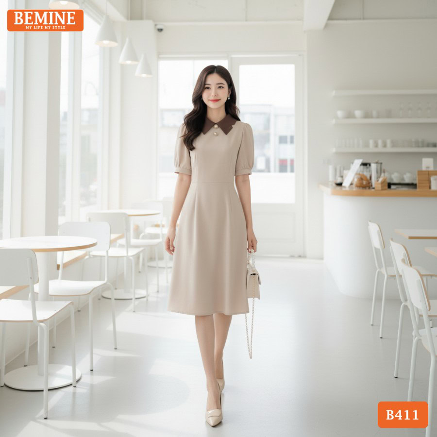 Mẫu đầm thiết kế BEMINE dáng chữ a cổ phối họa tiết B411 là sự kết hợp hoàn hảo giữa nét cổ điển và hơi thở hiện đạị