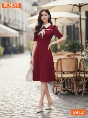 Đầm thiết kế BEMINE B412 dáng chữ A công sở, điểm nhấn cổ đức viền dây nơ thanh lịch.