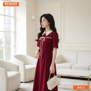 Chi tiết đường may sắc sảo và form dáng chữ A chuẩn chỉnh trên mẫu đầm công sở BEMINE B412.