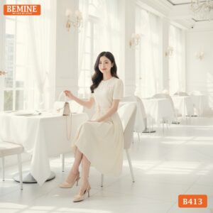 Người mẫu diện đầm BEMINE B413 dáng công sở, phong cách sang trọng giúp che khuyết điểm vòng 2 hiệu quả.