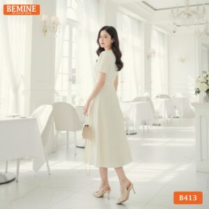 Chi tiết form dáng xếp ly eo tinh xảo trên mẫu đầm công sở thiết kế BEMINE mã B413.