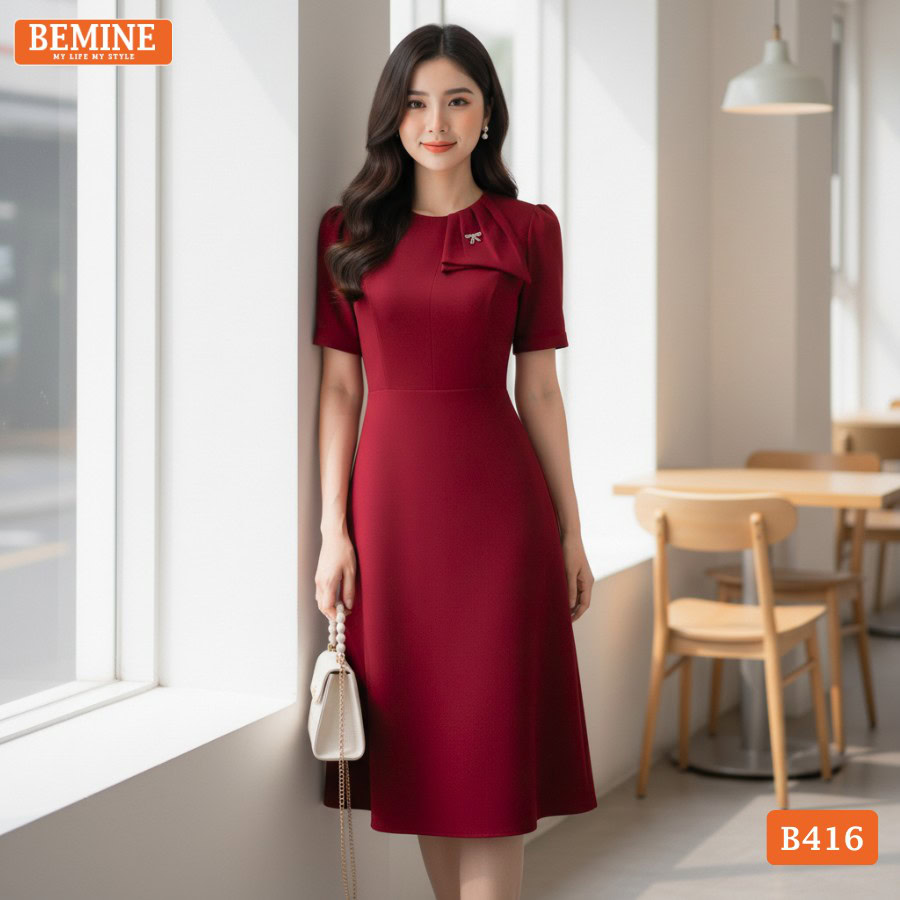 Đầm BEMINE B416 thiết kế tối giản sang trọng với điểm nhấn vai phồng.