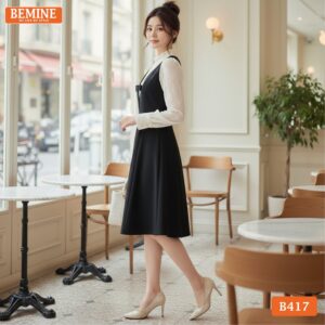 Chi tiết phối ren hoa tinh tế trên mẫu đầm BEMINE B417.