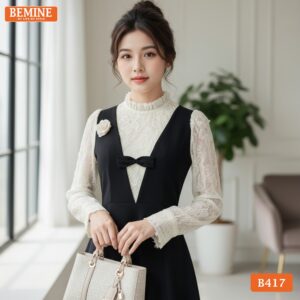 Mẫu đầm công sở BEMINE B417 cổ trụ phối ren hoa mềm.