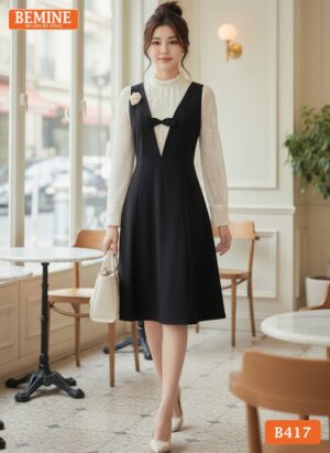 Cận cảnh chất liệu vải và ren hoa của đầm BEMINE B417 đen.