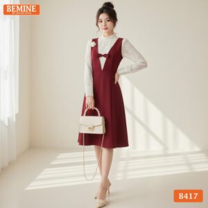Mẫu đầm công sở BEMINE B417 phối ren hoa mềm mại.