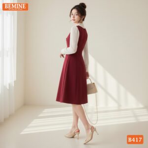 Chi tiết phối ren hoa tinh tế trên mẫu đầm BEMINE B417.