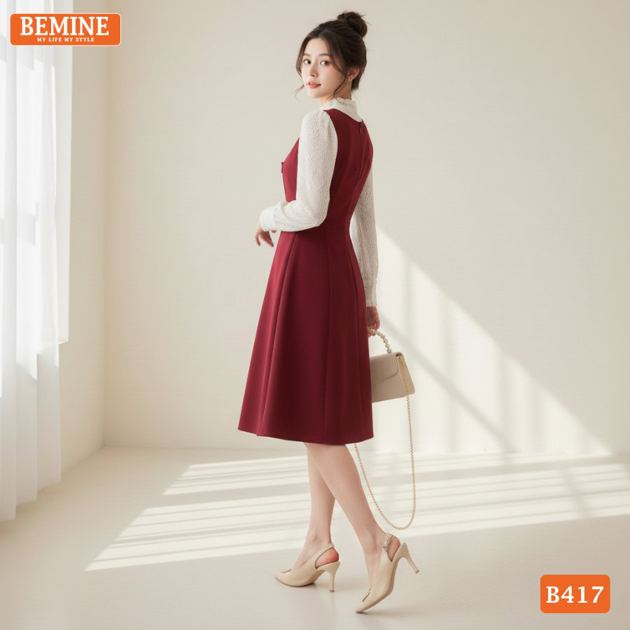 Chi tiết phối ren hoa tinh tế trên mẫu đầm BEMINE B417.