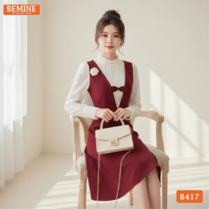 Đầm công sở BEMINE B417 màu đỏ tôn da, sang trọng.