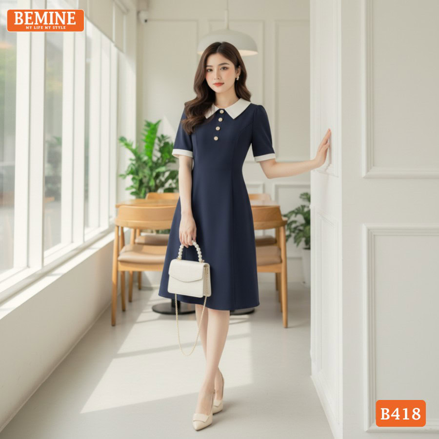 Thiết kế đầm chữ A cổ sơ mi thương hiệu BEMINE mã B418.