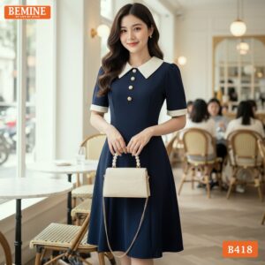 Chi tiết cổ sơ mi và hàng cúc đính kết trên đầm BEMINE B418.
