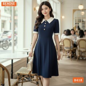 Đầm Thiết Kế BEMINE Dáng Chữ A Cổ Sơ Mi Đính Cúc B418