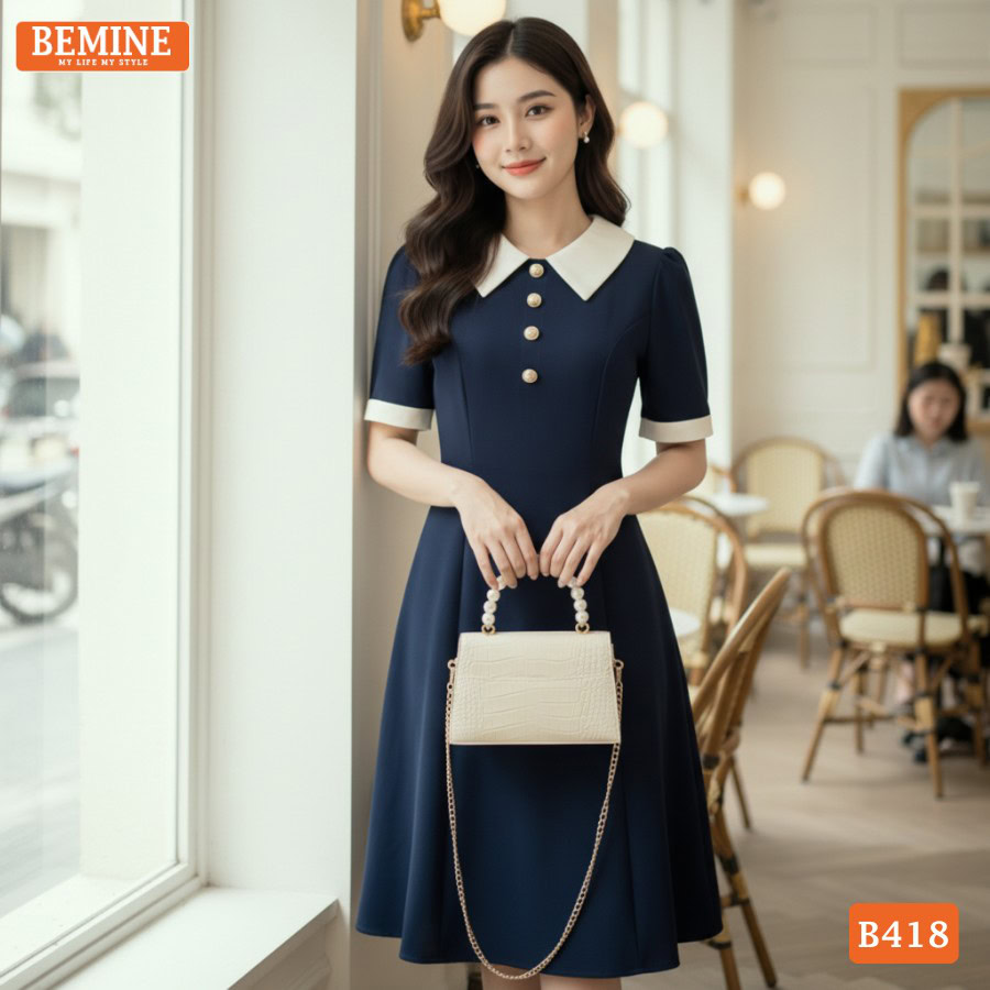 Cận cảnh chất liệu vải cao cấp của mẫu đầm BEMINE B418.