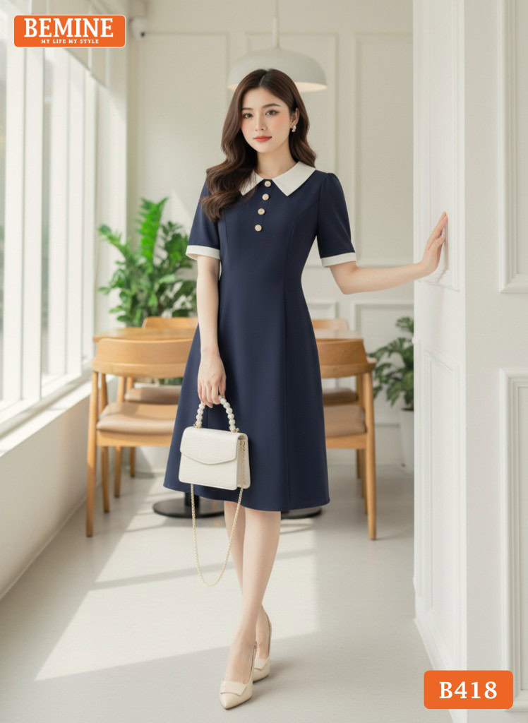 Ảnh chụp toàn thân đầm thiết kế BEMINE B418 thanh thoát.