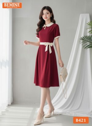 Đầm thiết kế BEMINE B421 cổ sơ mi đính nơ eo thanh lịch.