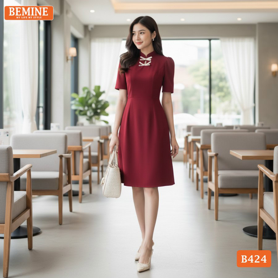 Đầm công sở BEMINE B424 thiết kế cổ tàu trẻ trung.