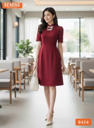 Thiết kế đầm chữ A cổ tàu đính nơ thương hiệu BEMINE B424.