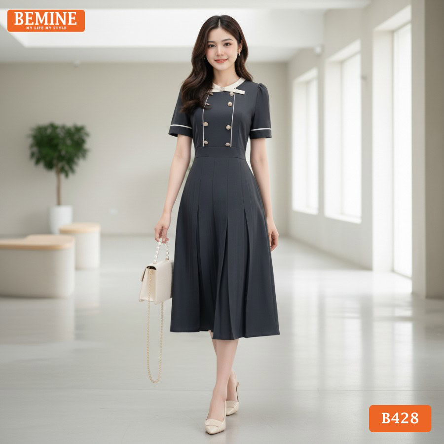 Đầm Thiết Kế BEMINE Dáng Chữ A Cổ Tròn Phối Nơ B428 Hiện Đại, Nhã Nhặn.