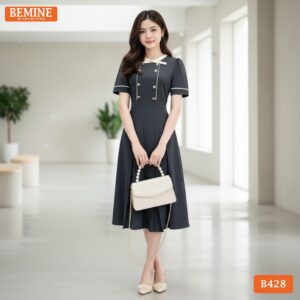 Đầm thiết kế BEMINE B428 cổ tròn phối nơ thanh lịch.