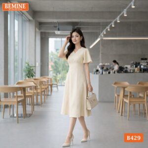Đầm thiết kế BEMINE B429 cổ tim tay bồng thanh lịch.