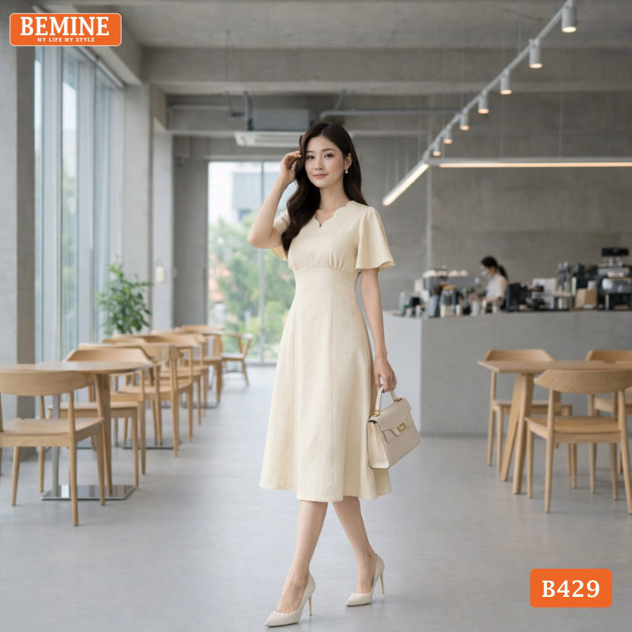Phối đồ cho người mập lùn cực xinh với Đầm BEMINE B429 cổ tim hack dáng.