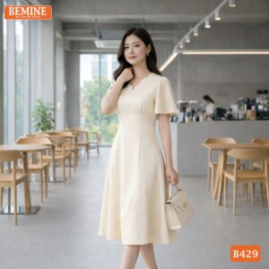 Phong cách thời trang nữ tính với đầm BEMINE B429 tay bồng.