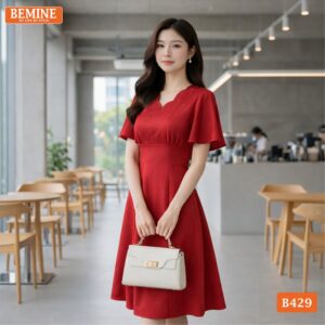 Người mẫu diện đầm BEMINE B429 dáng chữ A tôn dáng.