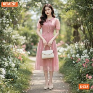 Mẫu đầm công sở BEMINE B438 chất liệu tơ thêu hoa cao cấp.
