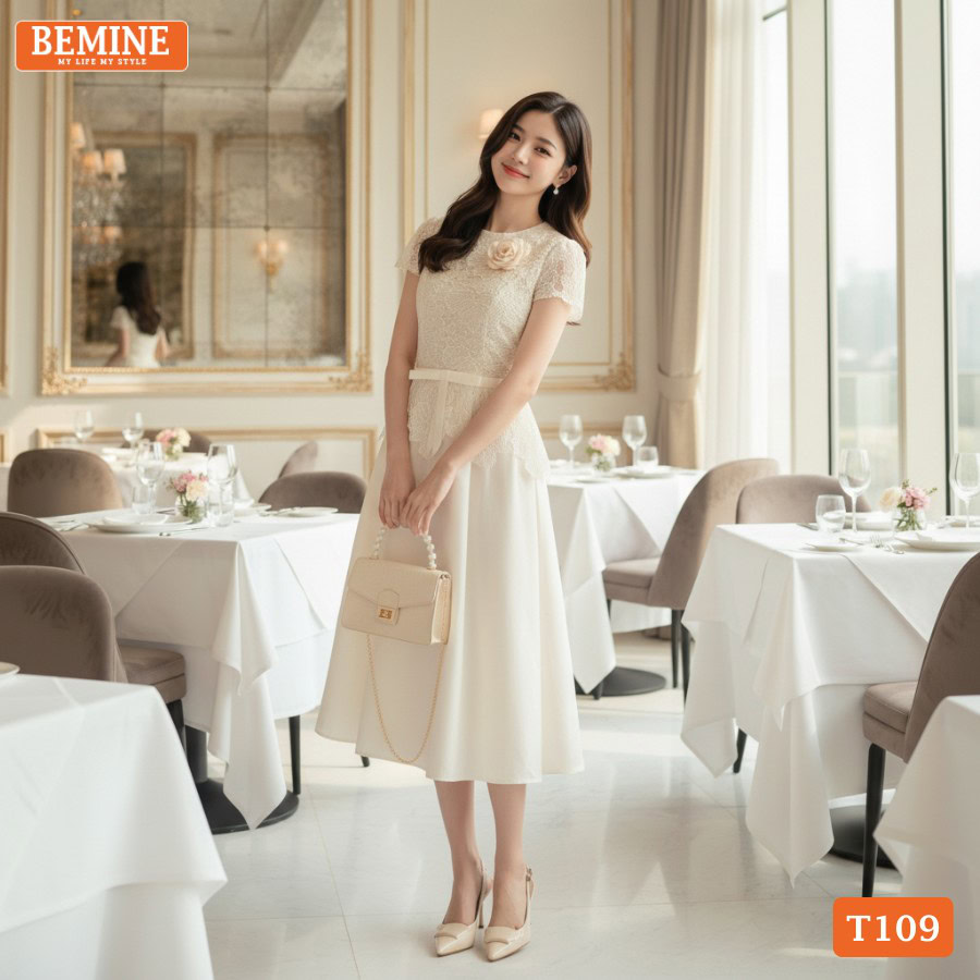 Áo Đầm Dự Tiệc Tuổi 50: 12 Kiểu Đầm Sang Trọng Cho Quý Bà 7 Trang phục công sở cao cấp BEMINE T109 phối ren hoa sang trọng.